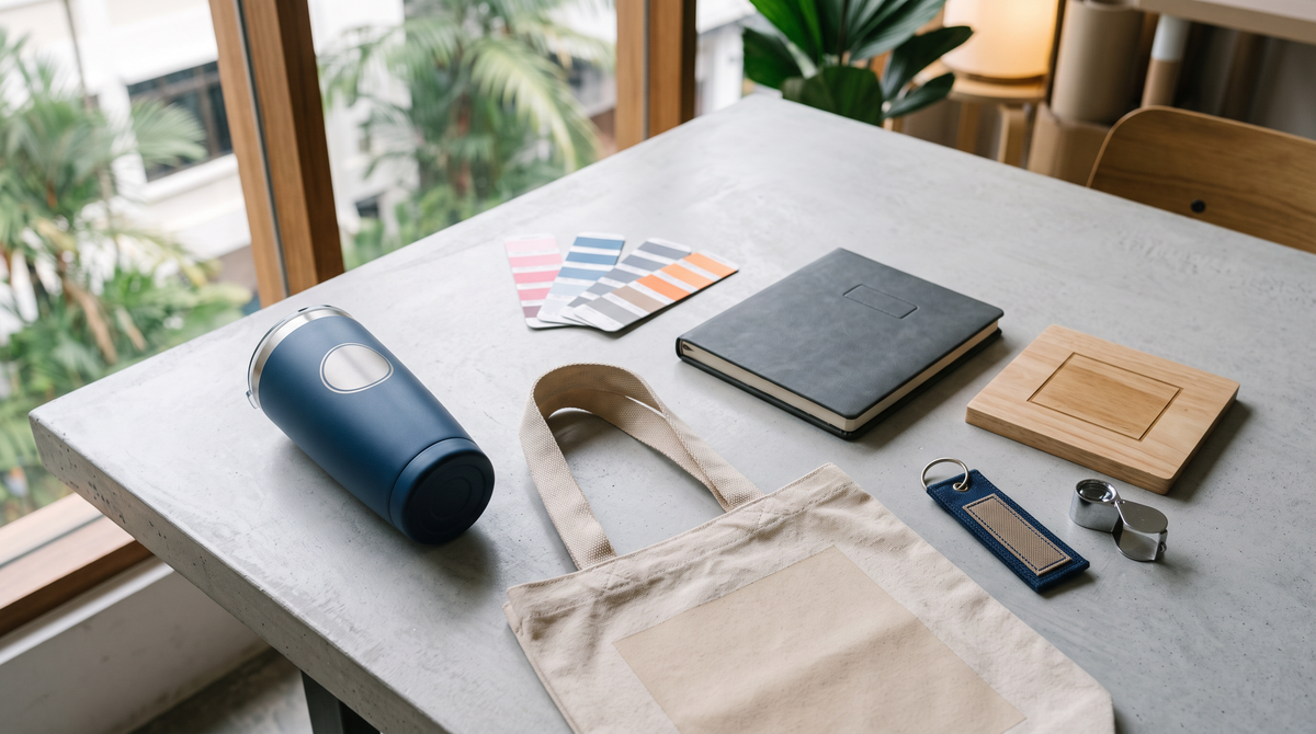 Logo printing methods for corporate gifts shown on a tumbler, leather notebook, canvas tote, keychain and wooden item