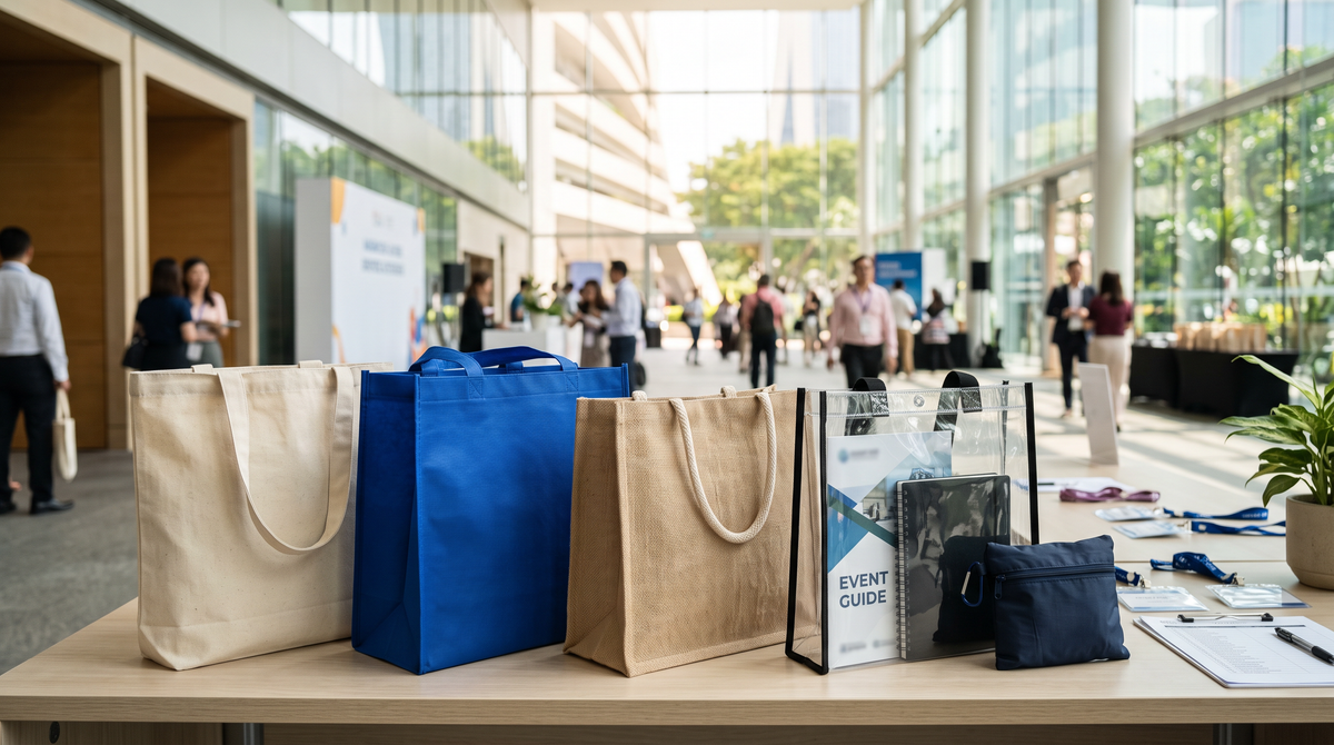 Customised tote bags in canvas, non-woven, linen, clear PVC and foldable nylon on a Singapore event registration table