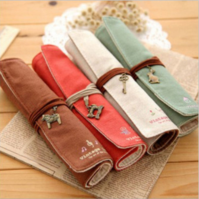 Custom Logo Canvas Retro Scroll Shaped Pencil Bag | Premium Corporate Gifts and Promotional Gifts