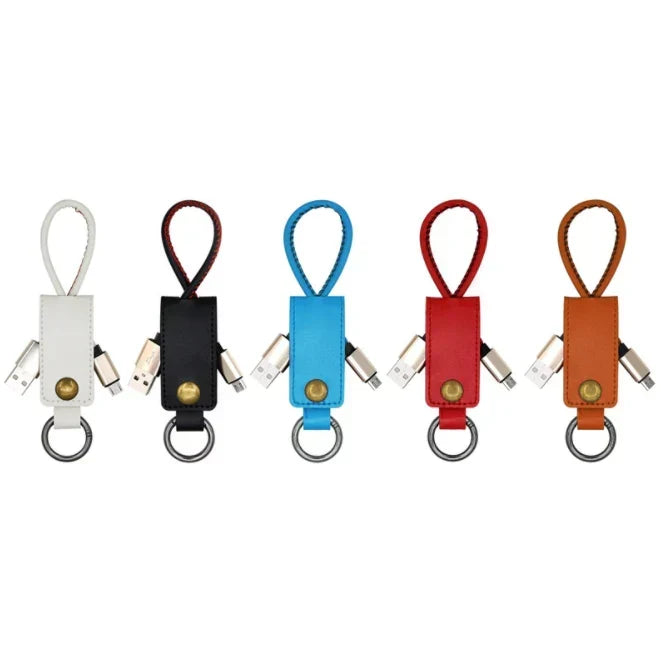 PU Leather Keycap Transmission Charging Cable printed with a company logo, corporate gift