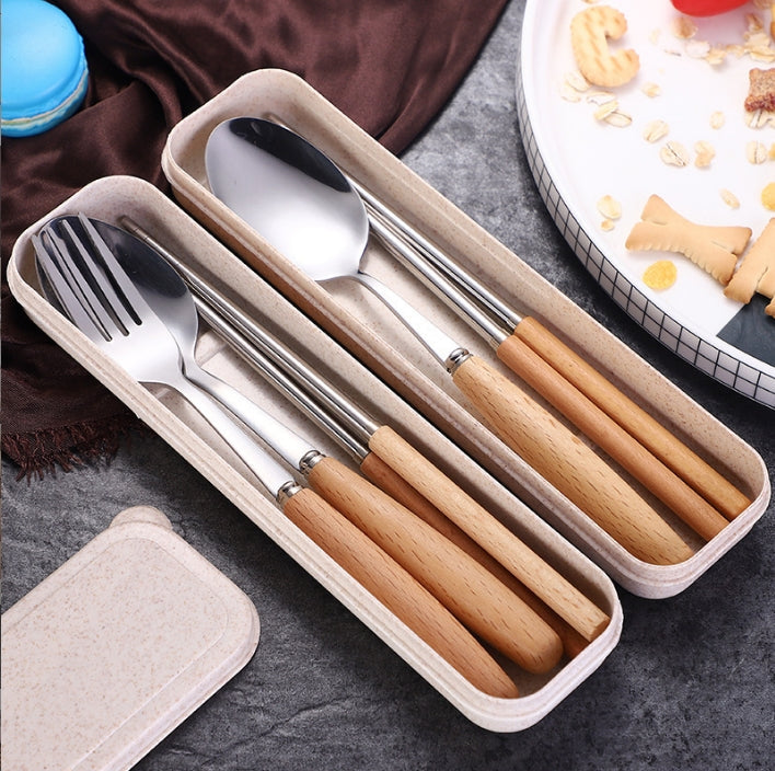 Custom Logo Wheat Wooden Handle Stainless Steel Eco-friendly Tableware 3-Piece Set | Premium Corporate Gifts and Promotional Gifts
