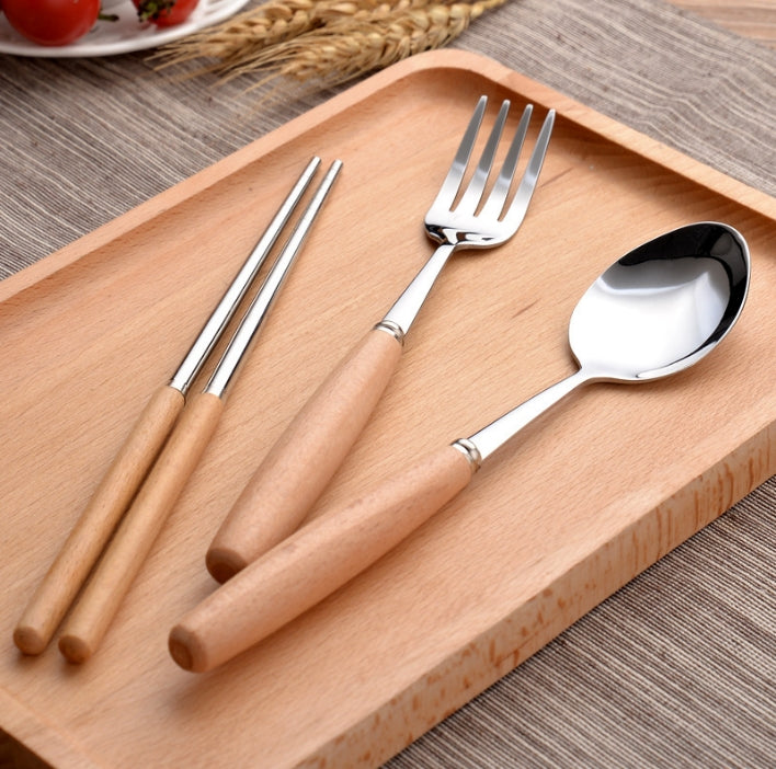 Custom Logo Wheat Wooden Handle Stainless Steel Eco-friendly Tableware 3-Piece Set | Premium Corporate Gifts and Promotional Gifts
