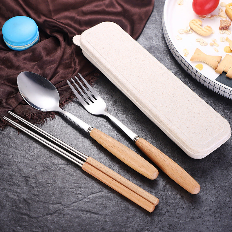 Custom Logo Wheat Wooden Handle Stainless Steel Eco-friendly Tableware 3-Piece Set | Premium Corporate Gifts and Promotional Gifts