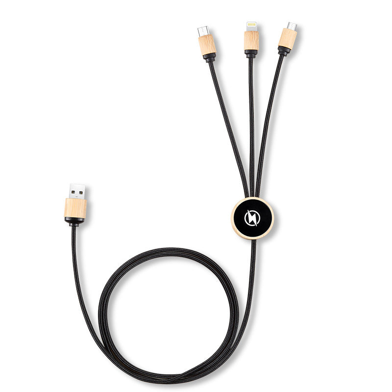Custom Logo One drag three bamboo and wood data cable charging cable | Premium Corporate Gifts and Promotional Gifts