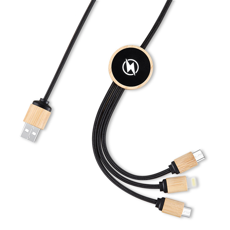 Custom Logo One drag three bamboo and wood data cable charging cable | Premium Corporate Gifts and Promotional Gifts