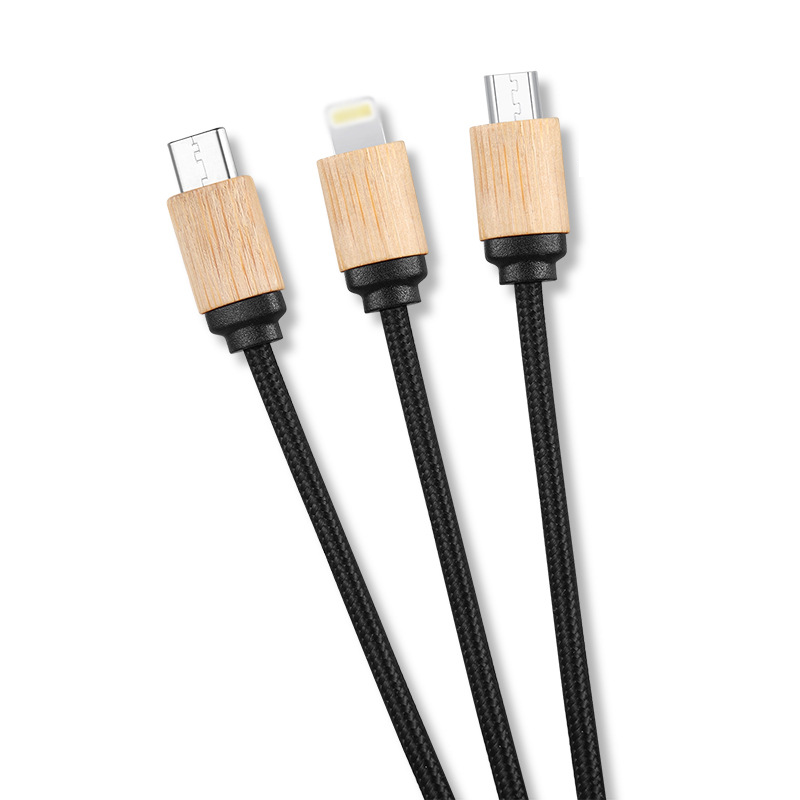 Custom Logo One drag three bamboo and wood data cable charging cable | Premium Corporate Gifts and Custom Gifts