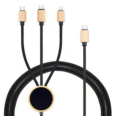 Custom Logo One drag three bamboo and wood data cable charging cable | Premium Corporate Gifts and Custom Gifts