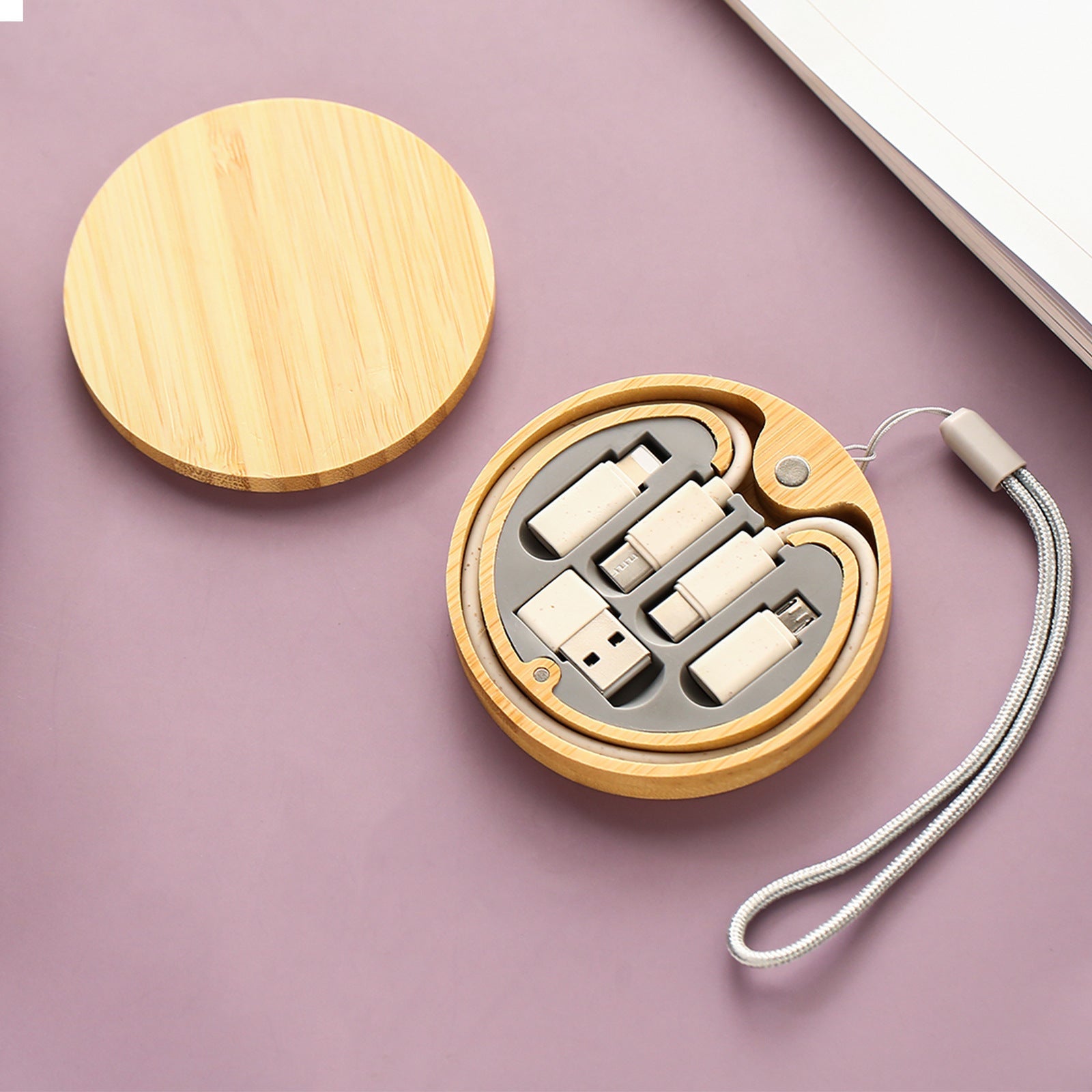 Custom Logo Round Bamboo Wood Wheat Environmental Protection Charging Cable Set | Premium Corporate Gifts and Promotional Gifts