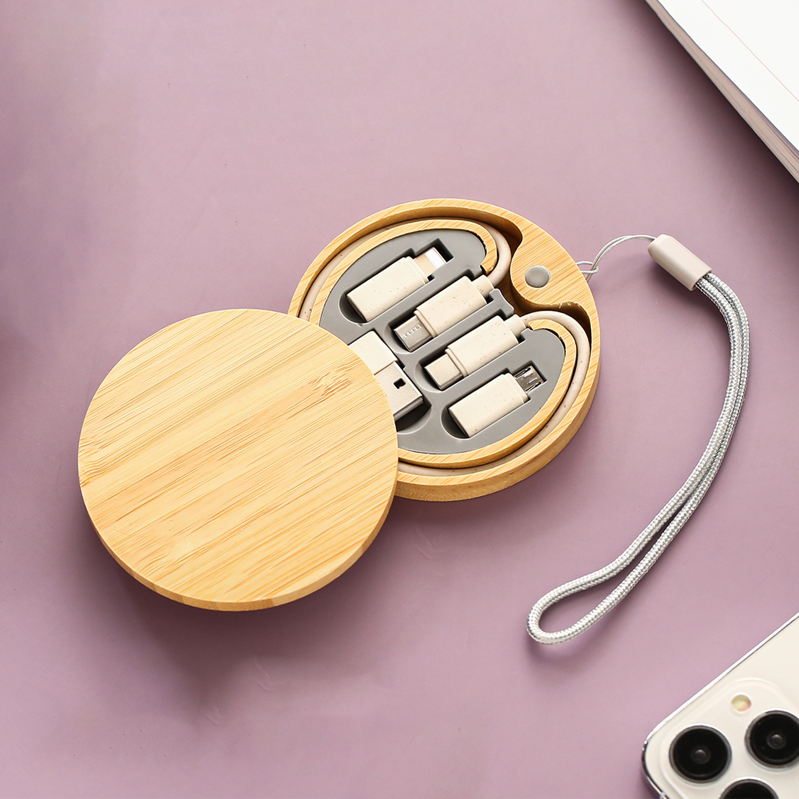Custom Logo Round Bamboo Wood Wheat Environmental Protection Charging Cable Set | Premium Corporate Gifts and Custom Gifts