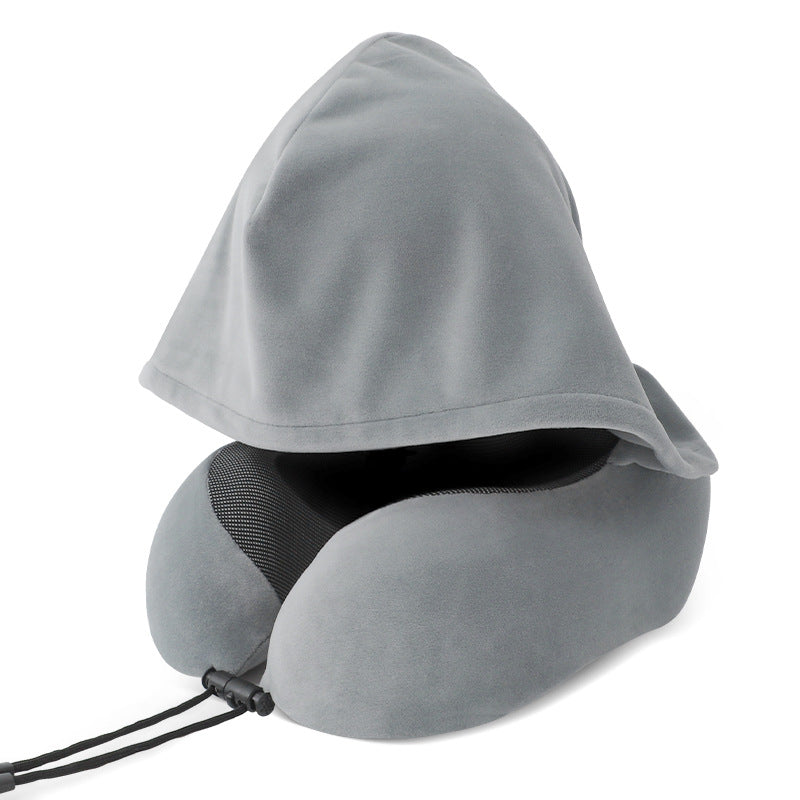 Custom Logo U-shaped memory foam hooded neck pillow | Premium Corporate Gifts and Promotional Gifts