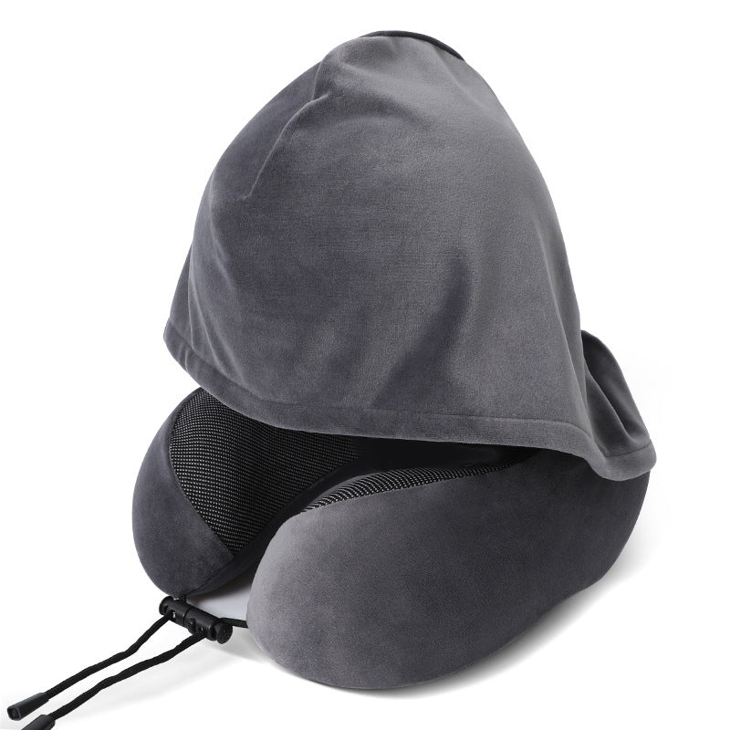 Custom Logo U-shaped memory foam hooded neck pillow | Premium Corporate Gifts and Promotional Gifts