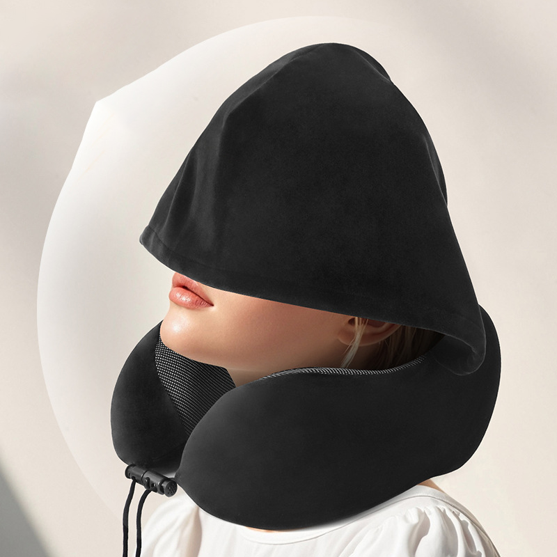 Custom Logo U-shaped memory foam hooded neck pillow | Premium Corporate Gifts and Promotional Gifts