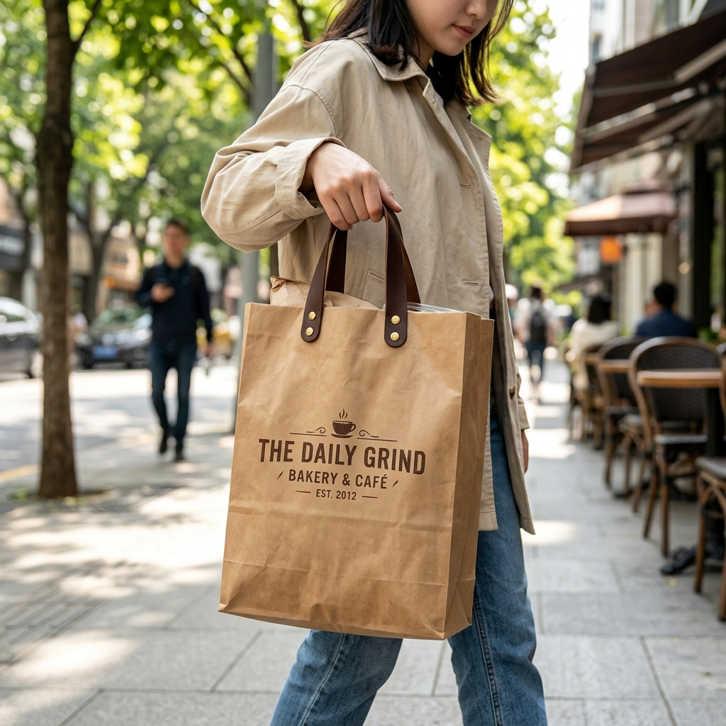 Custom Logo Leather Handle Washed Kraft Paper Bag