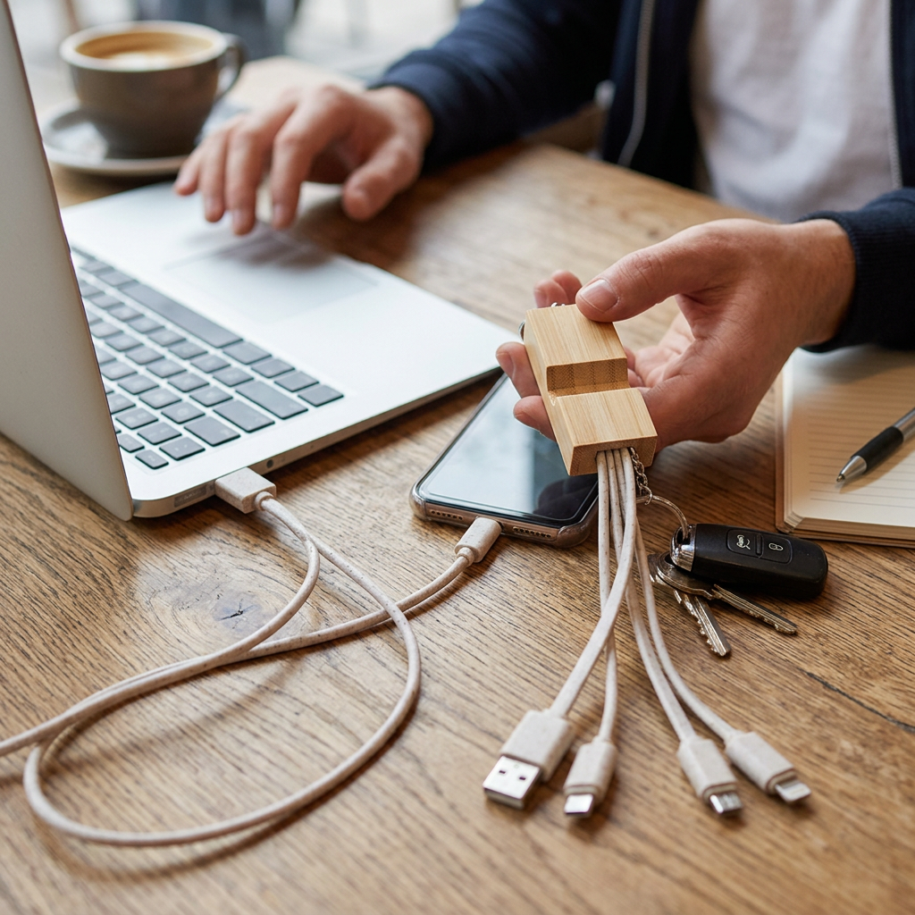 Custom Logo 3-in-1 Wheat Straw Stand Data Cable