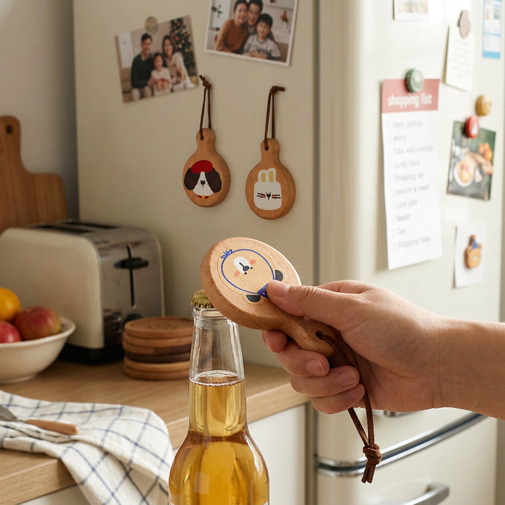 Custom Logo Wood Grain Magnetic Bottle Opener Refrigerator Magnet