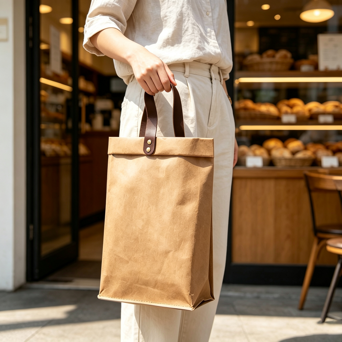 Leather Handle Washed Kraft Paper Bag, view 3 of 4